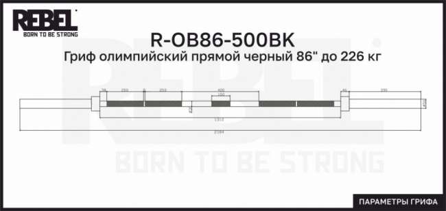 Гриф олимпийский прямой черный 86" до 226 кг REBEL R-OB86-500BK Гриф олимпийский прямой черный 86" до 226 кг REBEL R-OB86-500BK