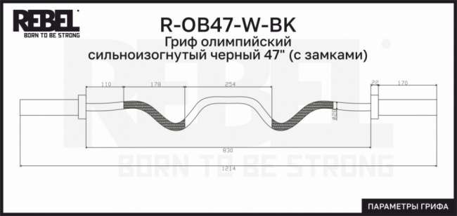 Гриф олимпийский сильноизогнутый черный 47" REBEL R-OB47-W-BK с замками Гриф олимпийский сильноизогнутый черный 47" REBEL R-OB47-W-BK с замками